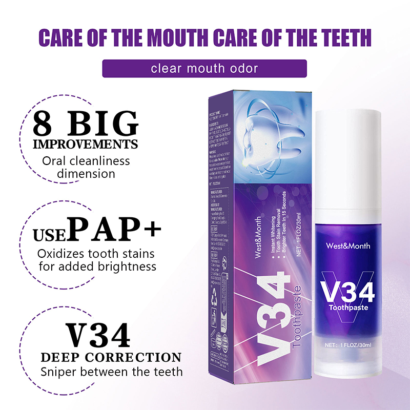 V34 Purple Toothpaste Mousse 3 - Teeth Whitening Foam recension och pris